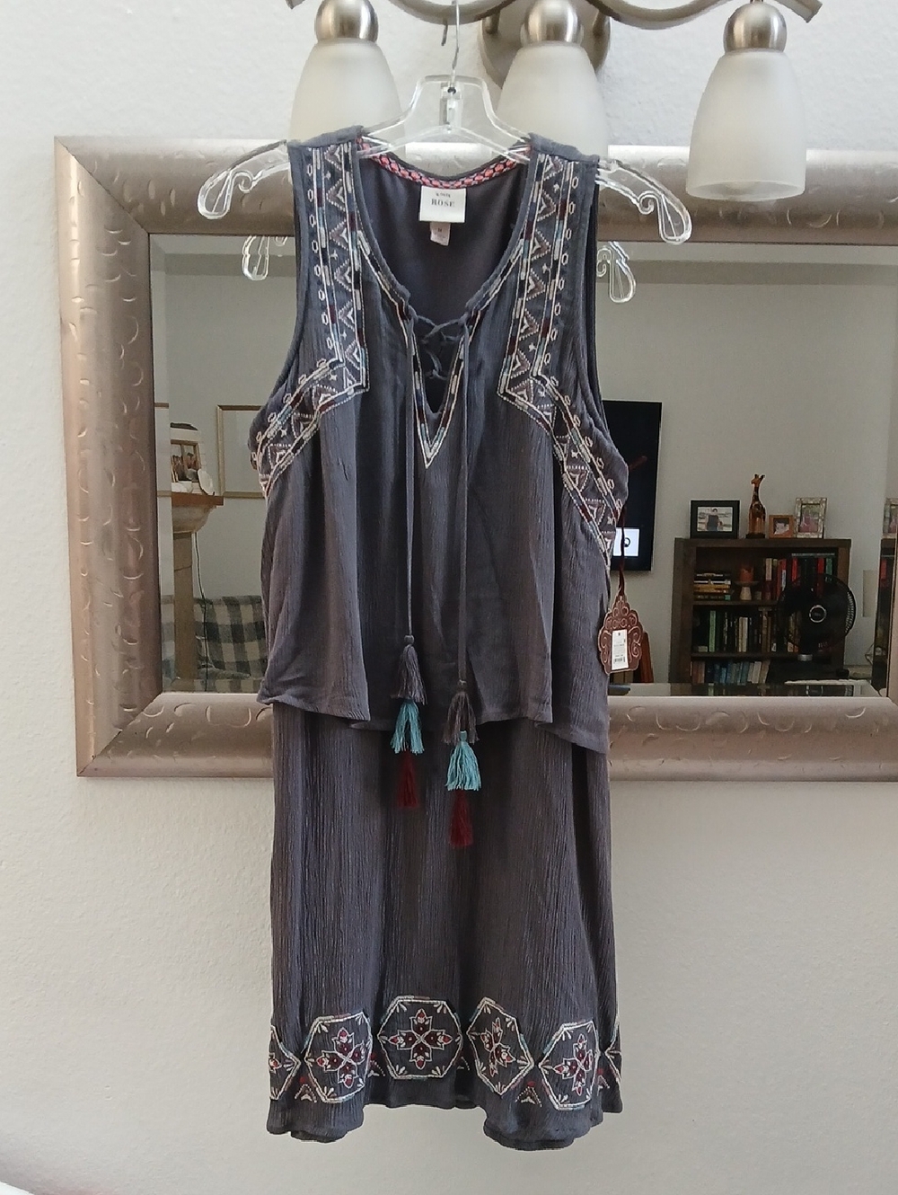 Knox Rose Slate Gray Embroidered Midi Dress with Tassels